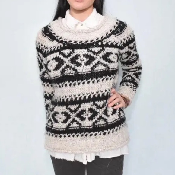 Free People Silver Reed Fair Isle Black Cream scoop Neck Cozy Sweater. Small - Picture 1 of 9